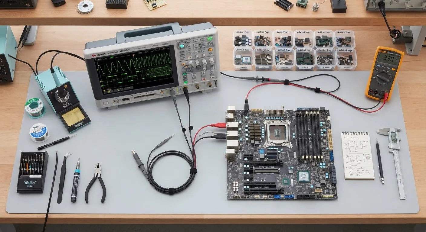 Engineering workbench with an oscilloscope, soldering tools, and a disassembled board.