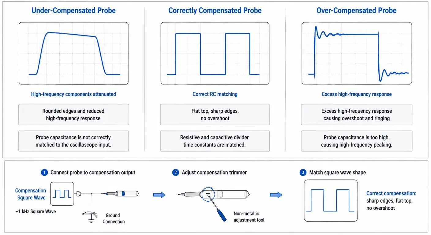Three oscilloscope square wave displays showing an under-compensated probe with rounded edges, a correctly compensated waveform, and an over-compensated probe with overshoot and ringing