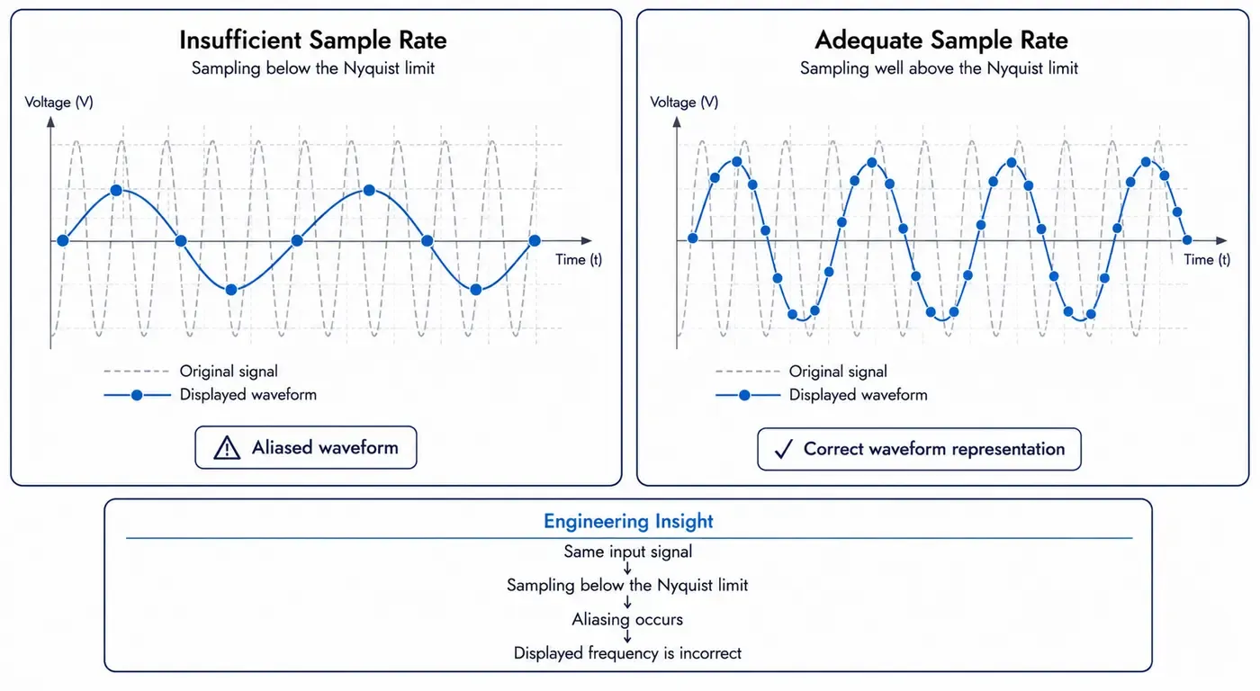 Comparison showing aliasing caused by an insufficient sample rate versus accurate waveform capture with an adequate sample rate above the Nyquist limit