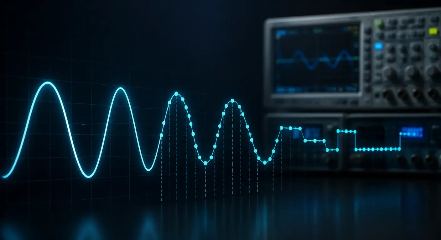 Oscilloscope waveform showing analog signal conversion into digital samples with discrete acquisition points