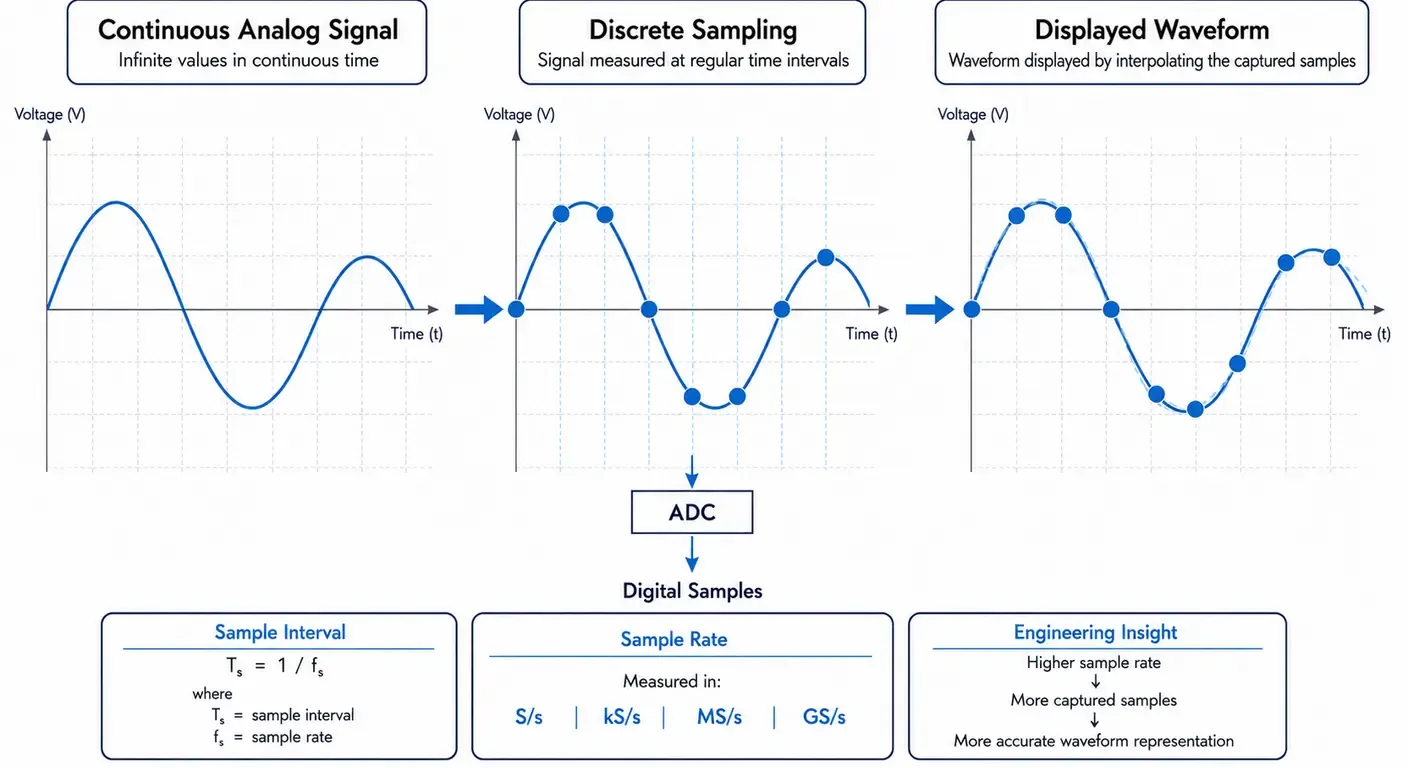 Diagram illustrating the sampling process from a continuous analog signal to discrete samples and the displayed digital waveform