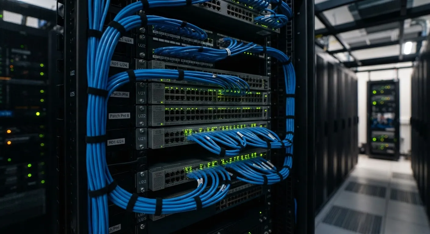 Server rack close-up with organized blue ethernet cables and green status LEDs.