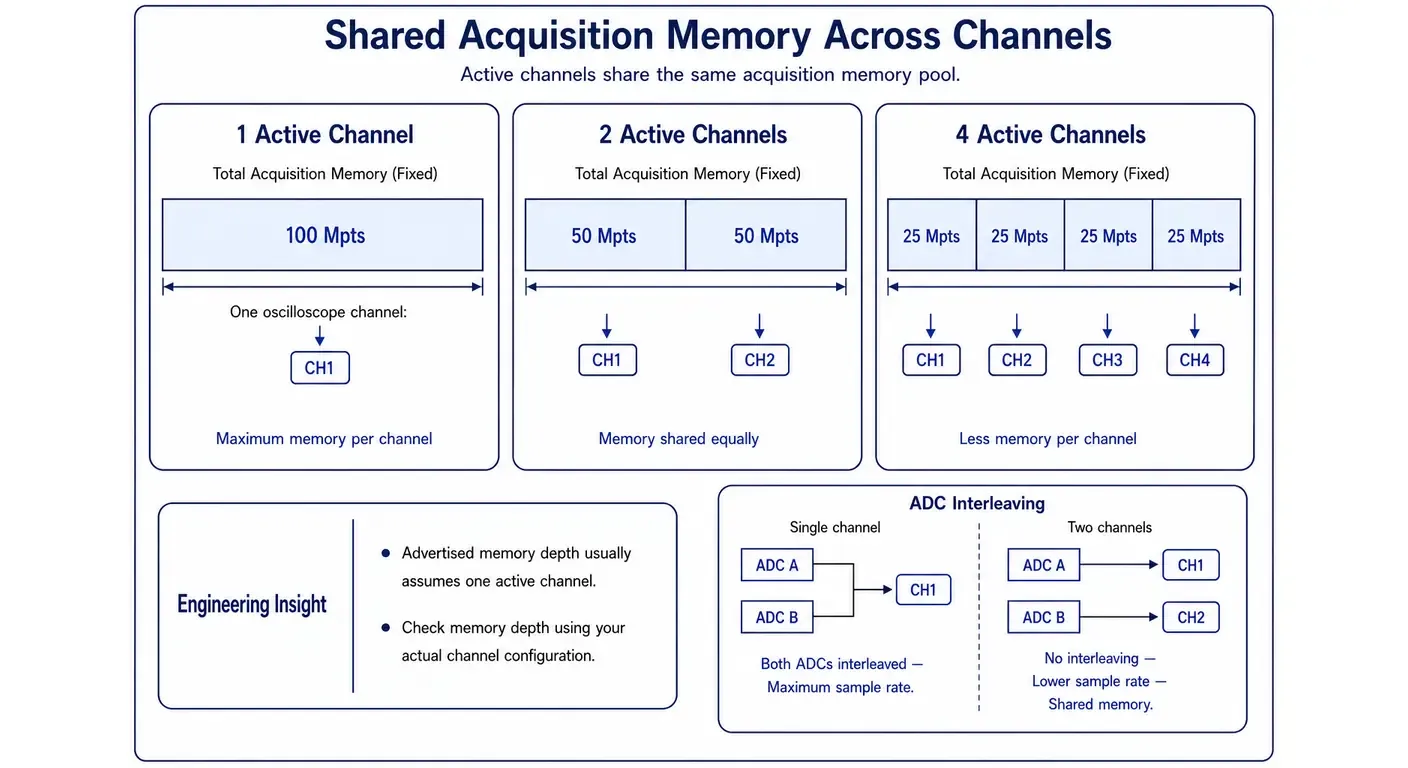 Diagram showing how an oscilloscope's acquisition memory is shared across one, two and four active channels, with an example of ADC interleaving reducing the available sample rate