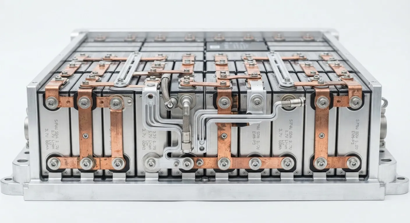 Automotive battery cell module with exposed copper busbars and cooling channels.
