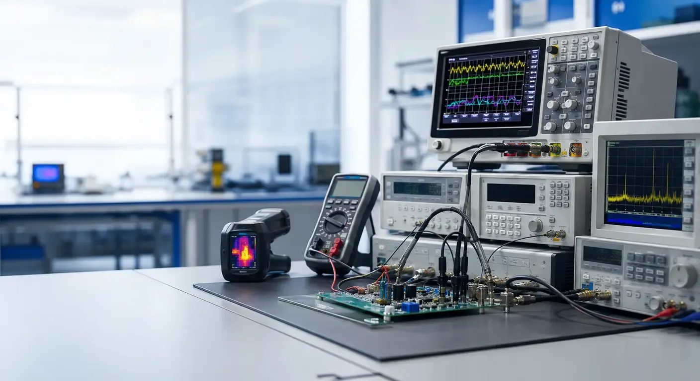 Modern electronic test and measurement laboratory with oscilloscope, digital multimeter, spectrum analyzer and PCB under test