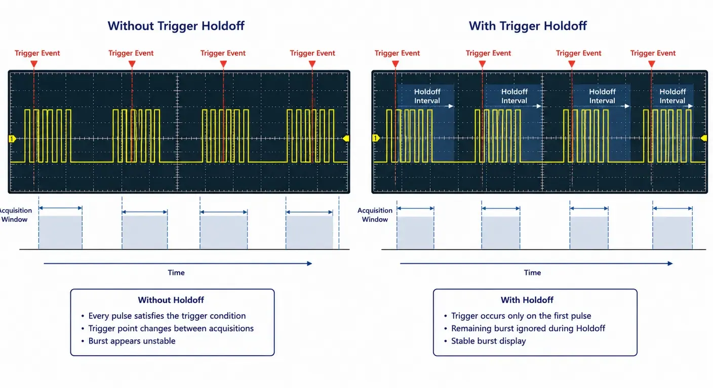 Comparison of a repeating pulse burst without trigger holdoff, showing multiple trigger events and unstable acquisitions, versus with trigger holdoff, where only the first pulse triggers each acquisition for a stable display