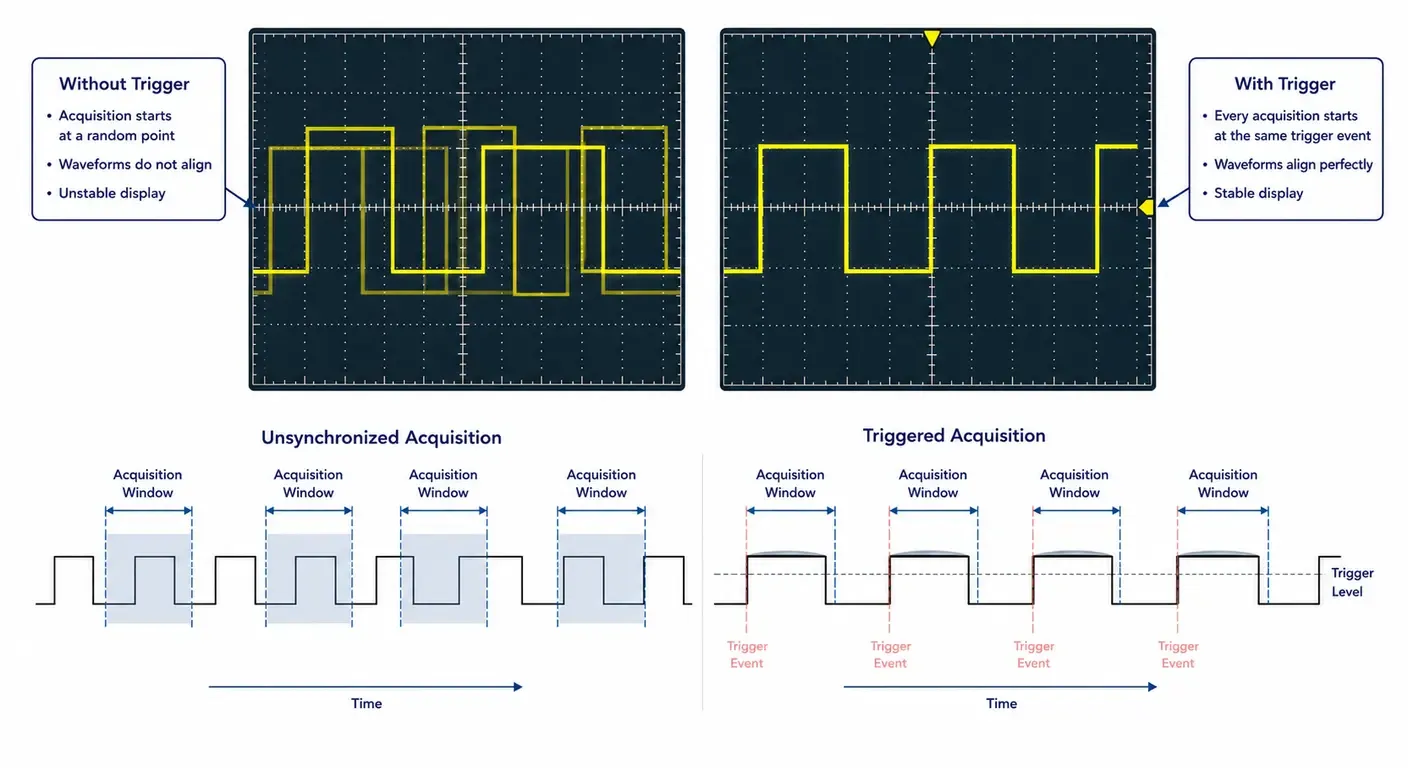 Comparison of an untriggered oscilloscope display showing overlapping shifted waveforms and a triggered display showing a single stable waveform aligned to the same trigger event
