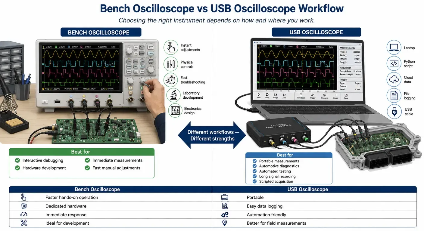 Diagram comparing a bench oscilloscope workflow with a USB oscilloscope connected to a laptop running acquisition software