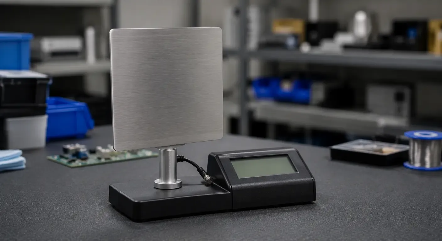 A charged plate monitor on an electronics workbench: a square brushed-metal plate mounted upright on a short pedestal, joined by a coaxial cable to a separate matte housing with a blank rectangular display, with parts bins, a bare circuit board and a solder spool out of focus behind it.