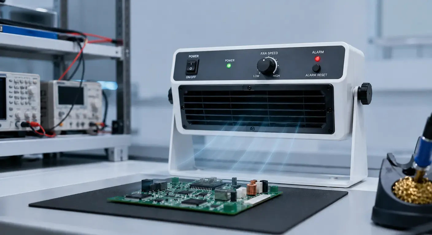Benchtop ESD ionizer neutralizing static electricity on a PCB at an electronics workstation